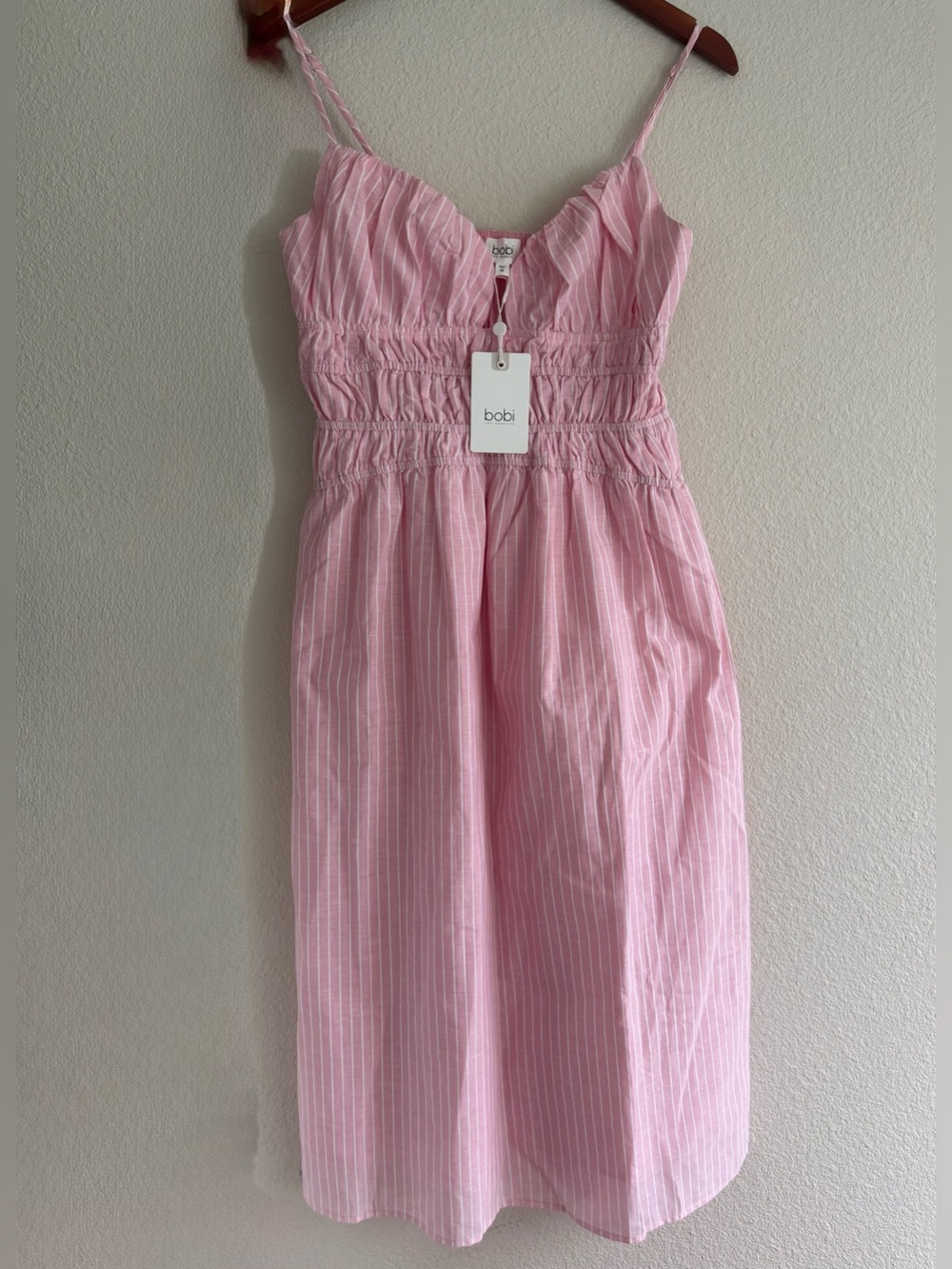 bobi Los Angeles Pink Striped Smocked 100% Cotton Midi Summer Dress, Size M